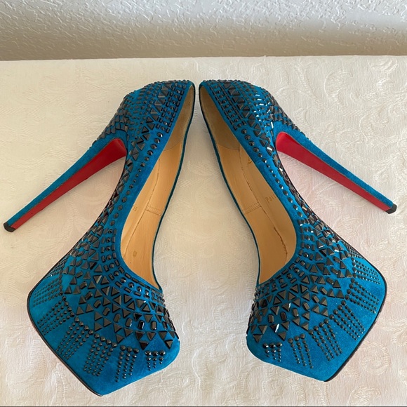 CHRISTIAN LOUBOUTIN Blue 
Decora Strass Suede platform Pumps - Picture 10 of 15